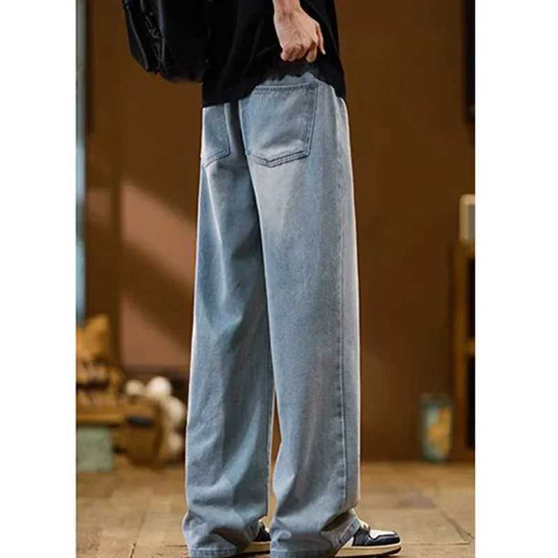 Men New Baggy Jeans Fashion Y2K High Street Retro Blue Trousers Elastic Drawstring Straight Wide Leg Loose Casual Denim Pants J251030