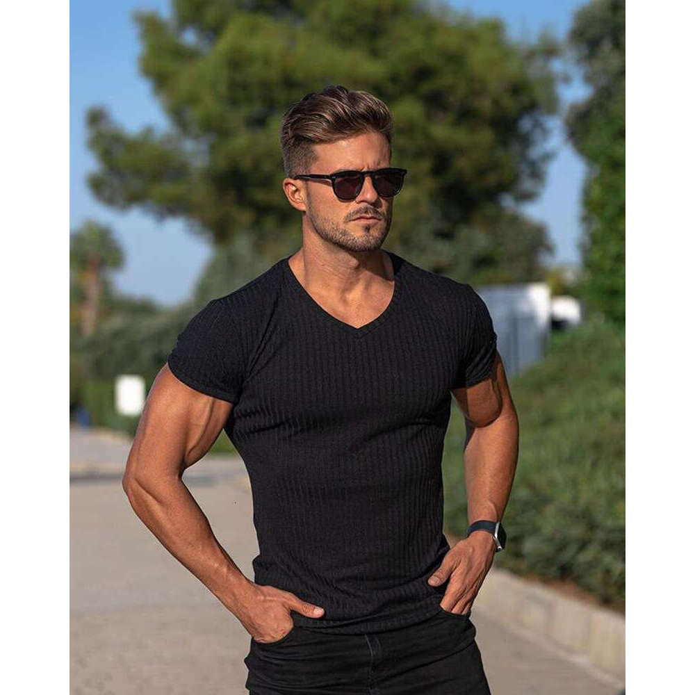 Men's Summer Sports Fitness Casual Solid Color V-Neck Short Sleeve T-Shirt