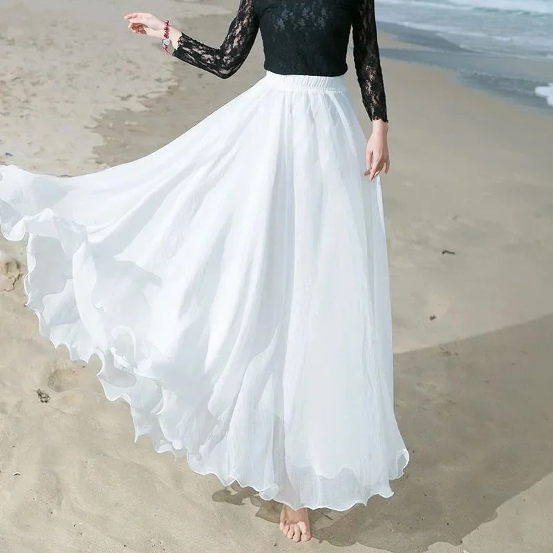 2025 Fashion Women Chiffon Long Skirts High Waist Floor Length Ruffles White Summer Boho Maxi Skirt Saia Longa Faldas 251028