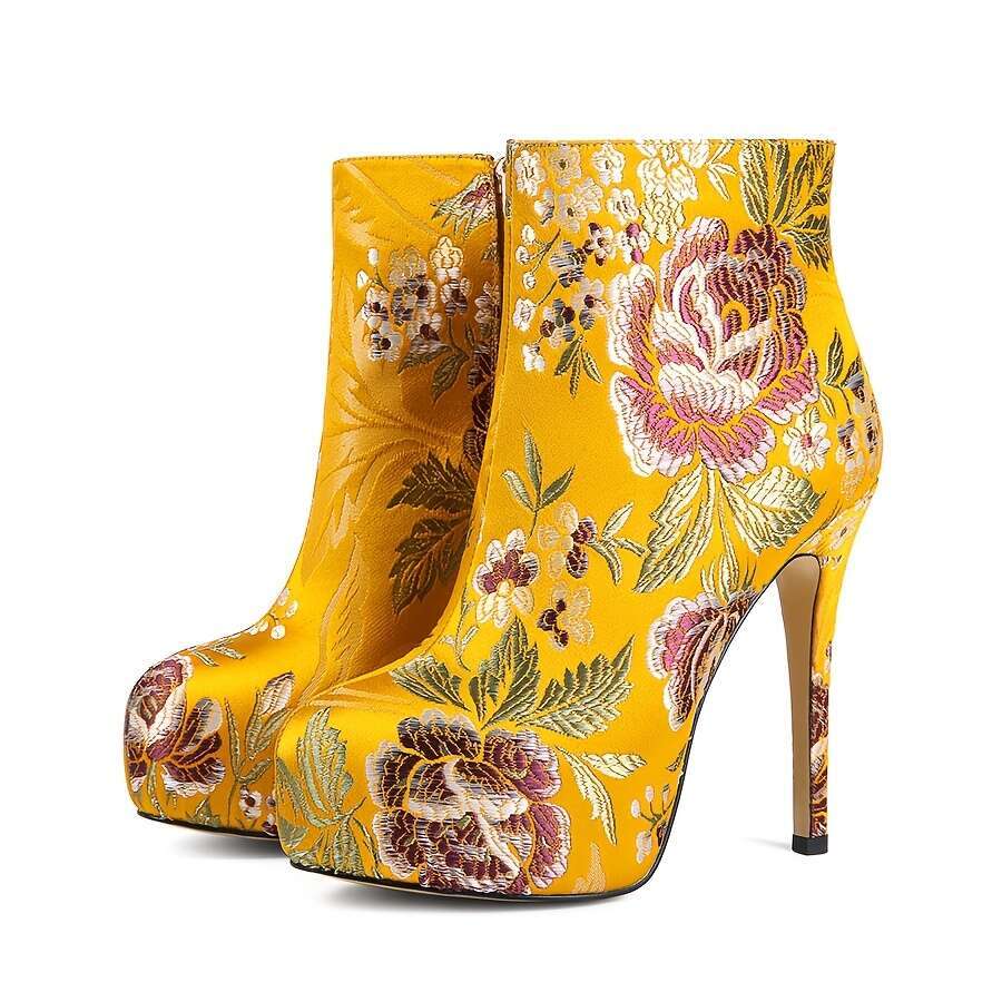 Women's Floral Embroidered Ankle Boots, Round Toe Stiletto Heels, Zipper Closure, Fabric Upper & Lining, Rubber Sole, Microfiber Insole, Fashiona