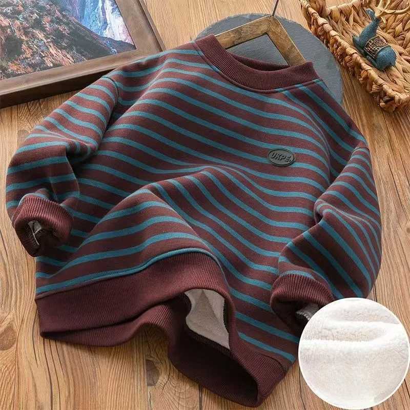Boys Striped FleeceLined Thickened Long Sleeve Sweatshirt 2025 Winter New Arrival Warm Base Layer MidBig Size TopT251030