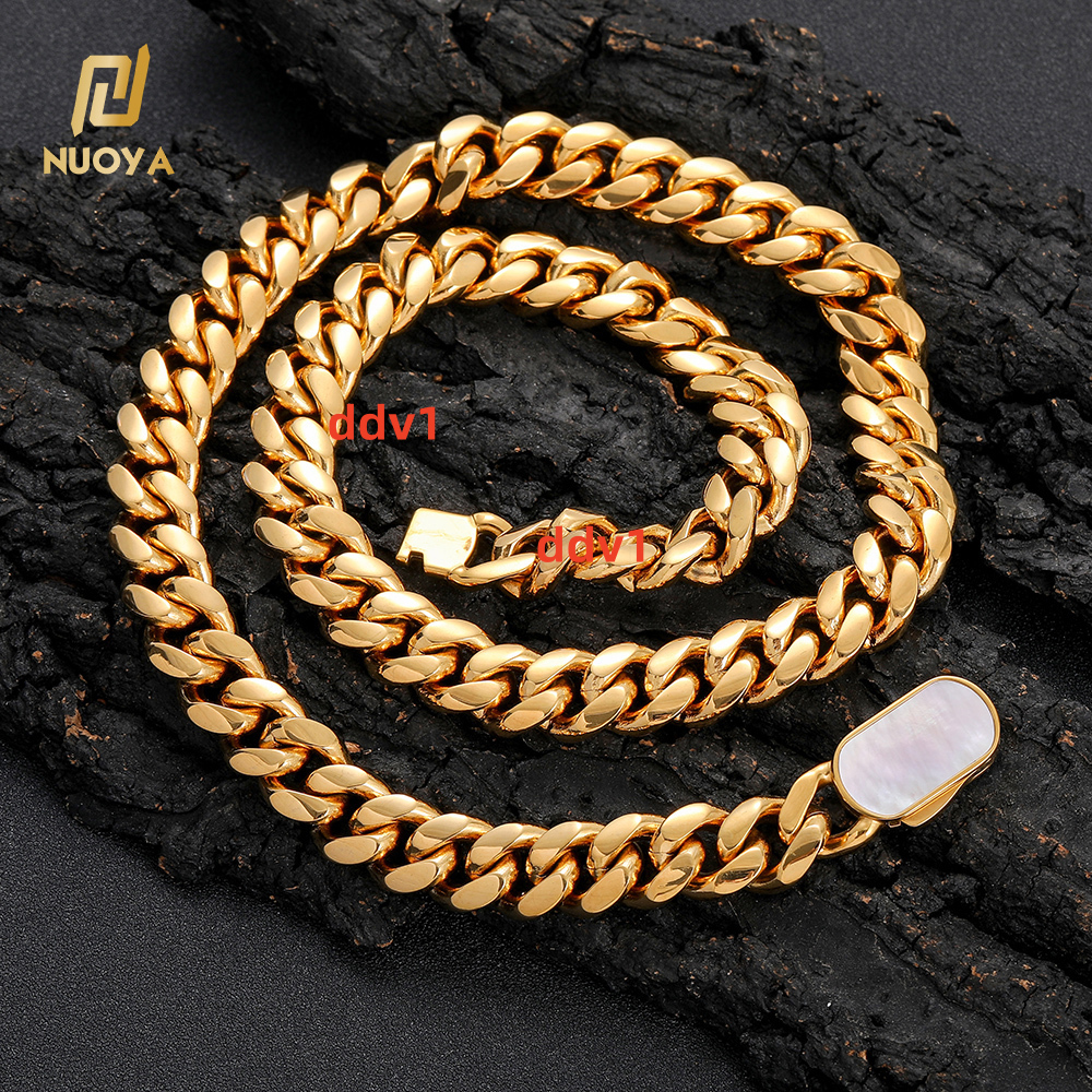 NUOYA New Style 812mm Cuban Link Chain Necklace Pave Shell Clasp 18K Gold Plated Stainless Steel Luxury Hip Hop Jewelry Designer's style