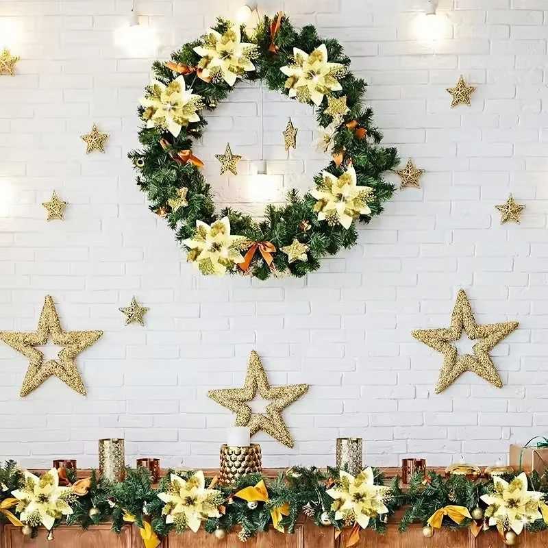 624Pcs 15cm Artificial Christmas Flowers with Clips Stems Xmas Tree Ornaments Glitter Flower for Garland New Year Party Decor C251030