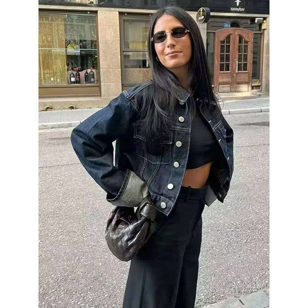 HH Women Vintage Denim Jacket Pant Sets Single Breasted Lapel Long Sleeve Coat Wide Leg Trousers Jeans High Street Outfits