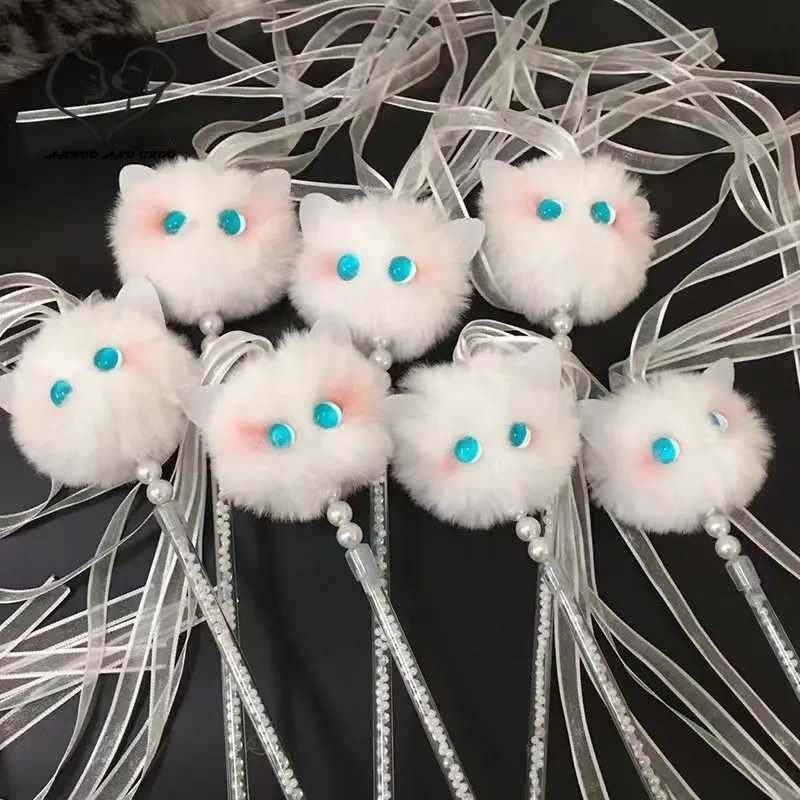 Funny Interactive Cat Toys Kawaii Plush White Tassel Bell Cat Stick Toys for Kitten Playing Teaser Ribbon Wand Toys Cat Supplies S251029{category}