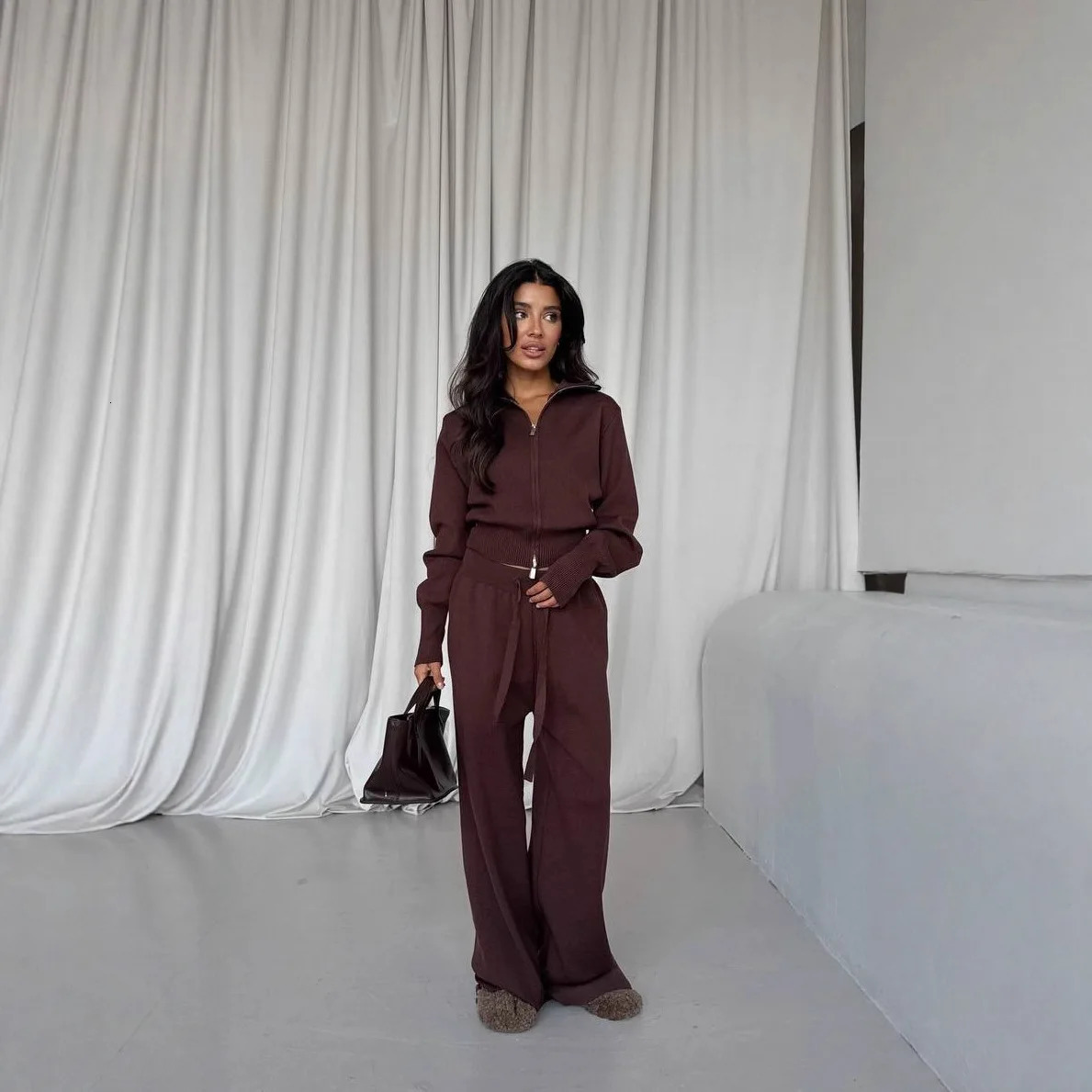 Women Cotton Knitted Cardigan Wide Leg Pants Suit Autumn and Winter Lady Fashion Loose Daily Office Jacket Straight Pants 2Pcs 251029