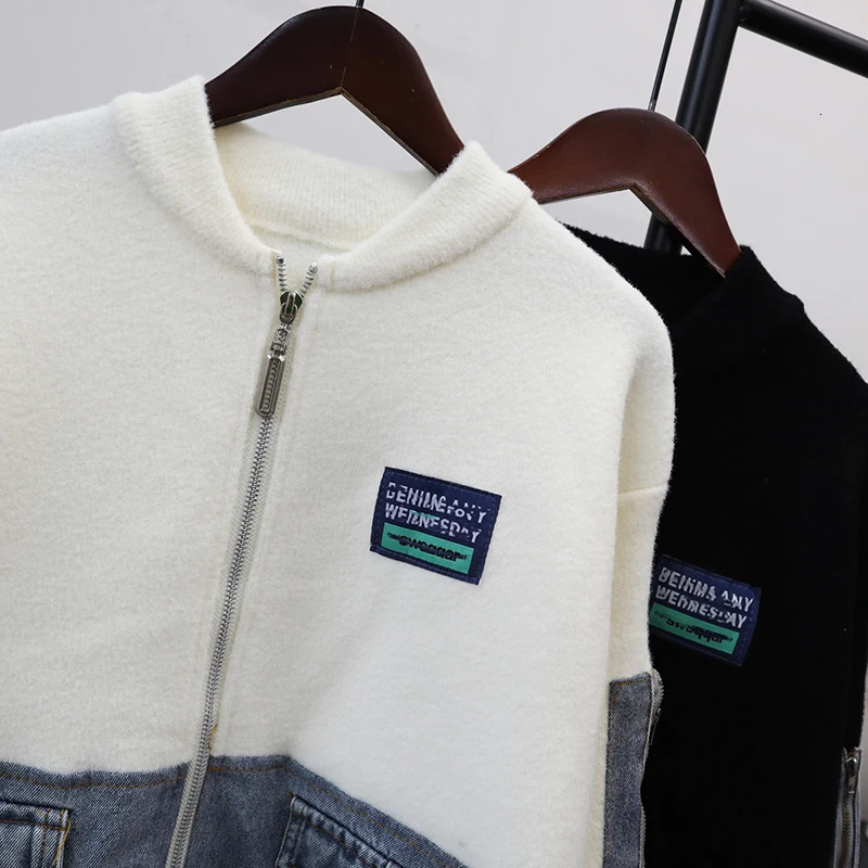 DEAT 2025 Autumn Winter Zipper Patchwork Denim Knitted DoubleSided Cardigan For Women Loose Sweater Jacket Female 11A06204 251029