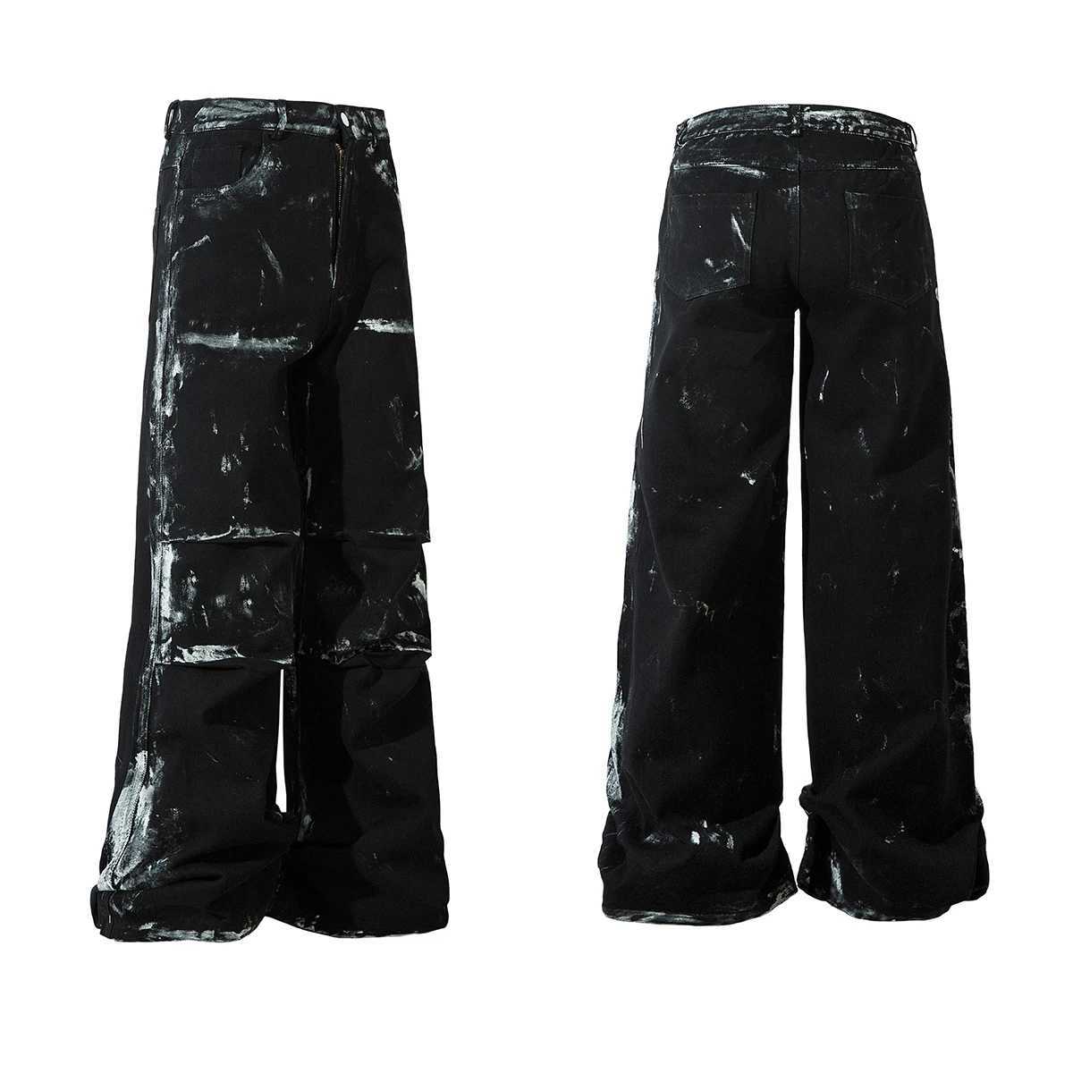 Hand Graffiti Pleated Straight Baggy Black Jeans Pants for Men and Women High Street Ropa Hombre Loose Denim Trousers Oversized J251030