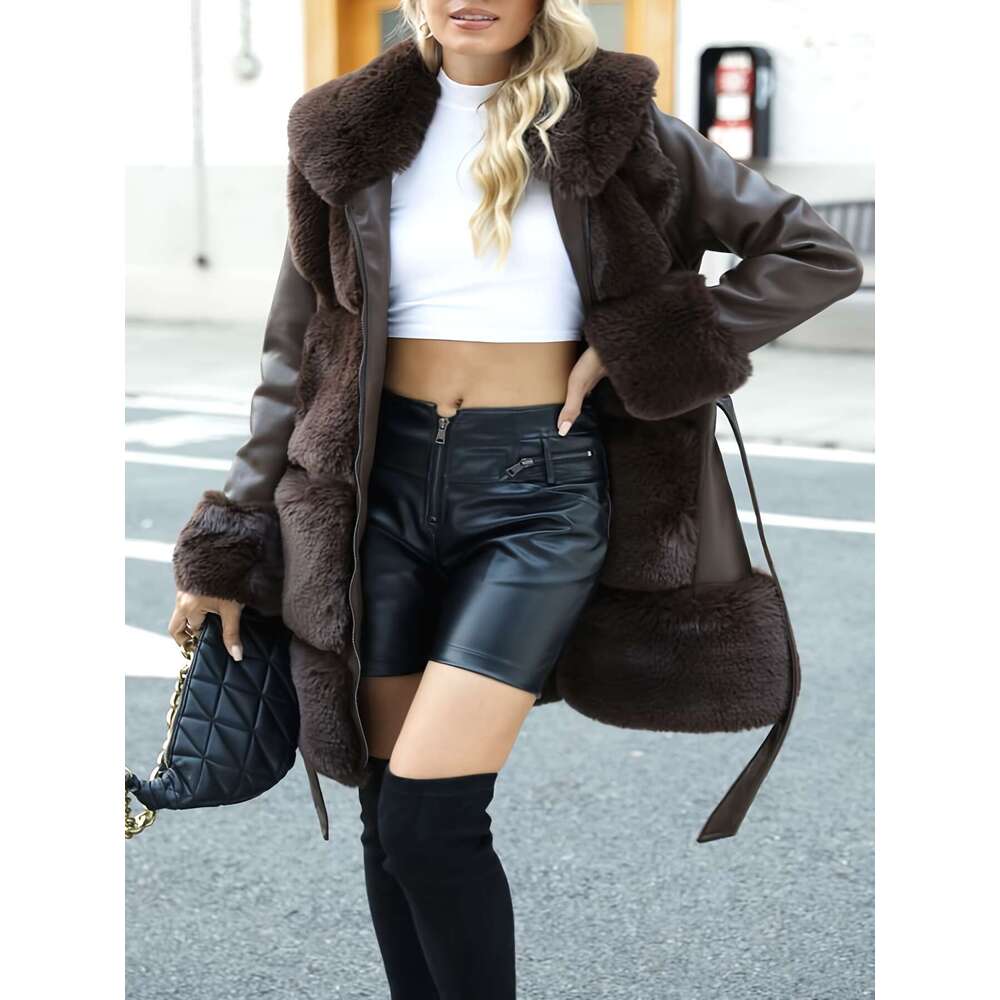 Women S Faux Fur Lined PU Jacket Casual Chic Brown Coat With Adjustable Belt Long Sleeves And Front Pockets For Fall Winter Stylish Outerwear Fall Wea