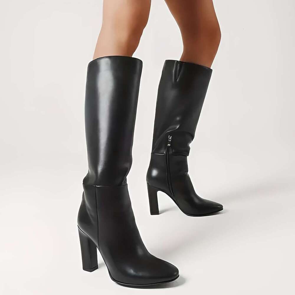 Norhea Women Mid-Calf Boots Chunky High Heel Side Zipper Round Toe Shoes PU Elegant Comfort Dress Party Booties