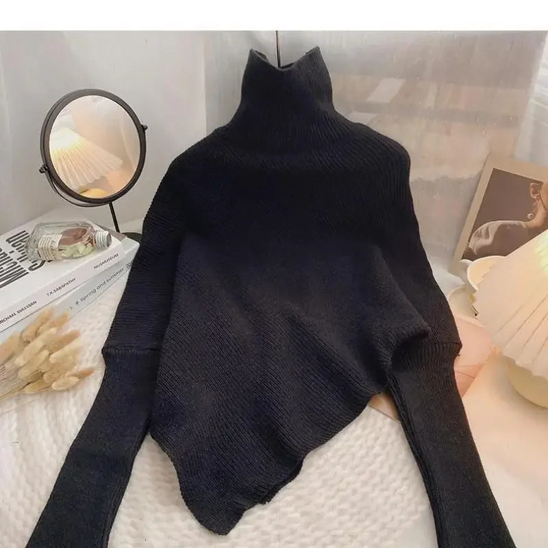 Korea Autumn Winter Women Fashion Irregular Loose Knit Sweater Vintage High Neck Long Sleeve Female Pullovers Chic Tops 251028