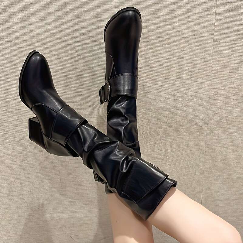 New European American Thick-Heeled High-Top Fashionable With Belt Buckle, Knee-High Long Boots For Women, Spring, Autumn And Winter