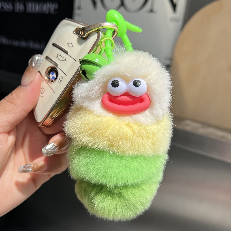 Adorable Caterpillar Rabbit Fur Plush Keychain Doll Car Accessory Backpack Charm Gift