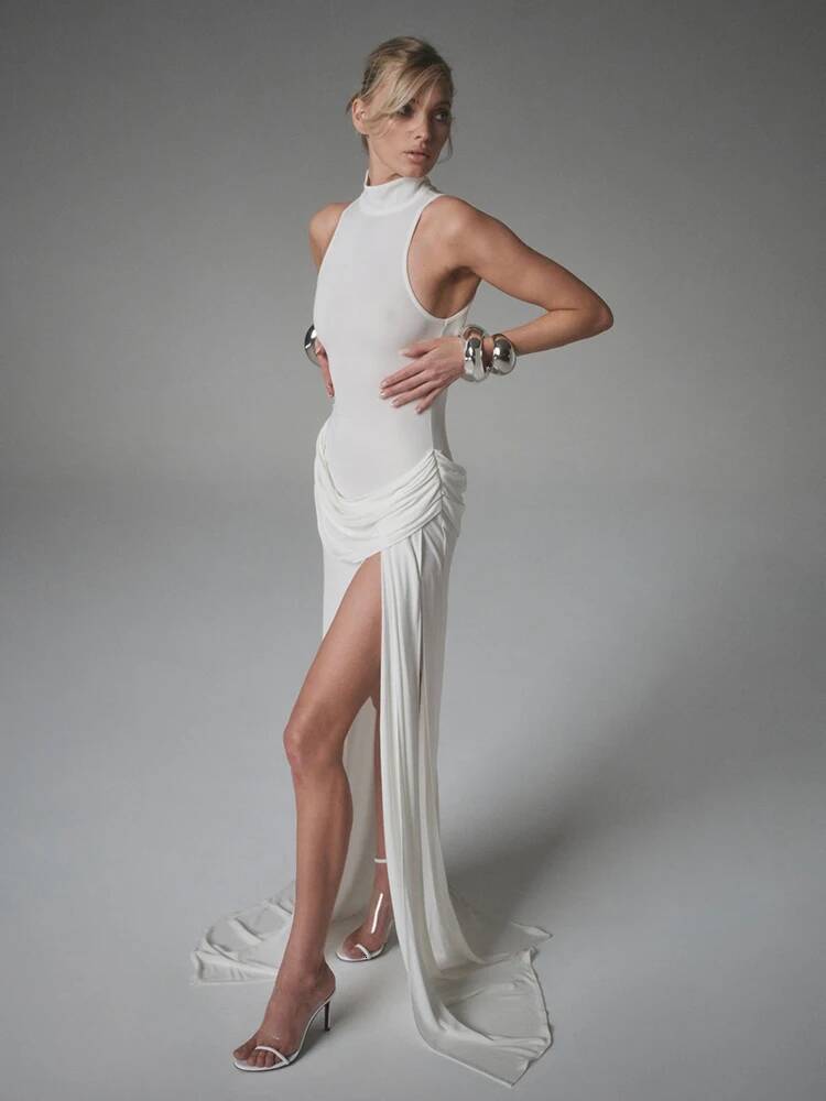 winter jacket women Blifanbo Turtleneck Off-shoulder Sleeveless Thigh Split High Waist Pleated Maxi For Women Elegant Fashion Club Party Dress