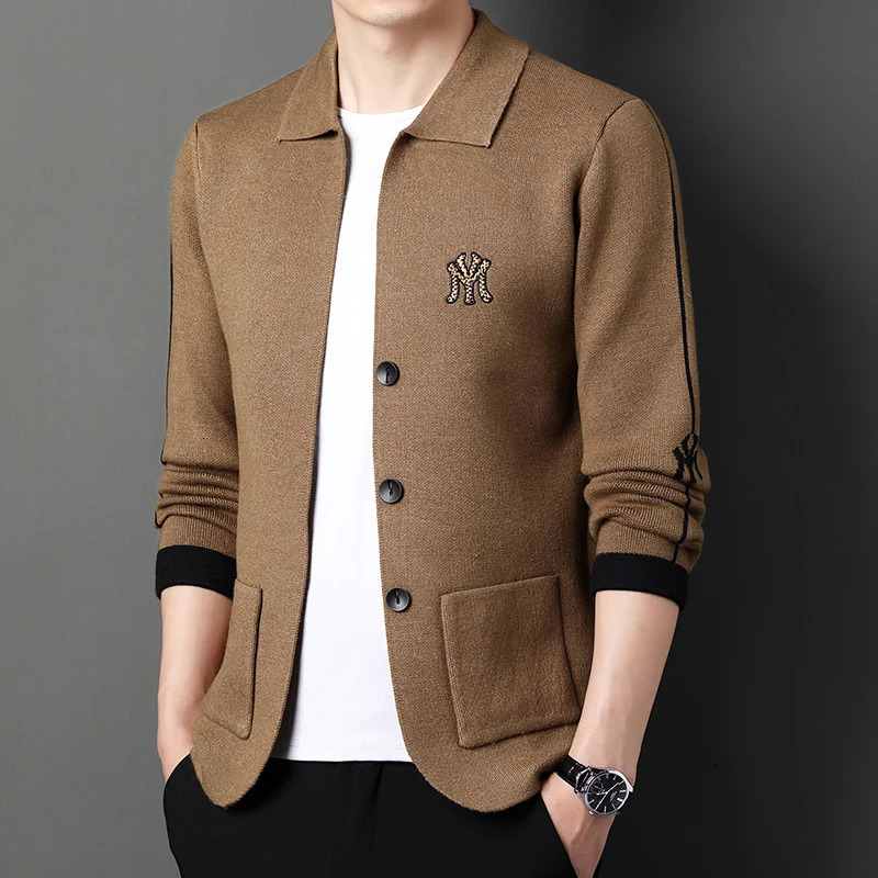 Mens Embroidered Lapel Sweater Jacket Autumn Fashion Business Thick Anti Pilling Knit Cardigan Coat Wear 251017