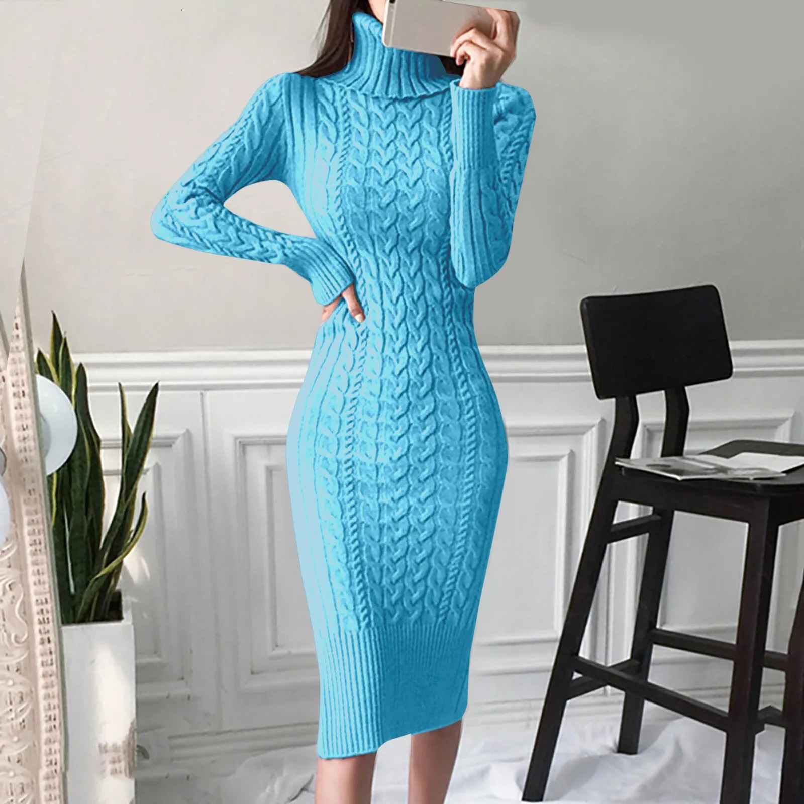 Autumn and Winter Womens Long Sleeve Turtleneck Sweater Dresses Warm Knitted Bodycon Pullovers Jumper Dresses Vestidos Largos 251029