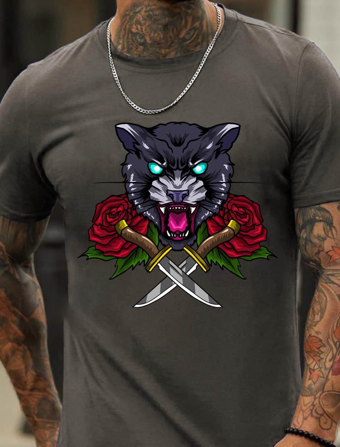 European and American Oversized Animal Print Leopard Head Rose Floral Men's Cotton Summer T-Shirt - TT7060