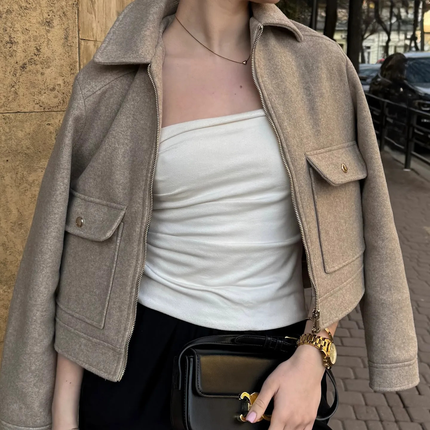 autumn and winter womens clothing pocket zipper decoration soft simple longsleeved lapel short jacket 251028