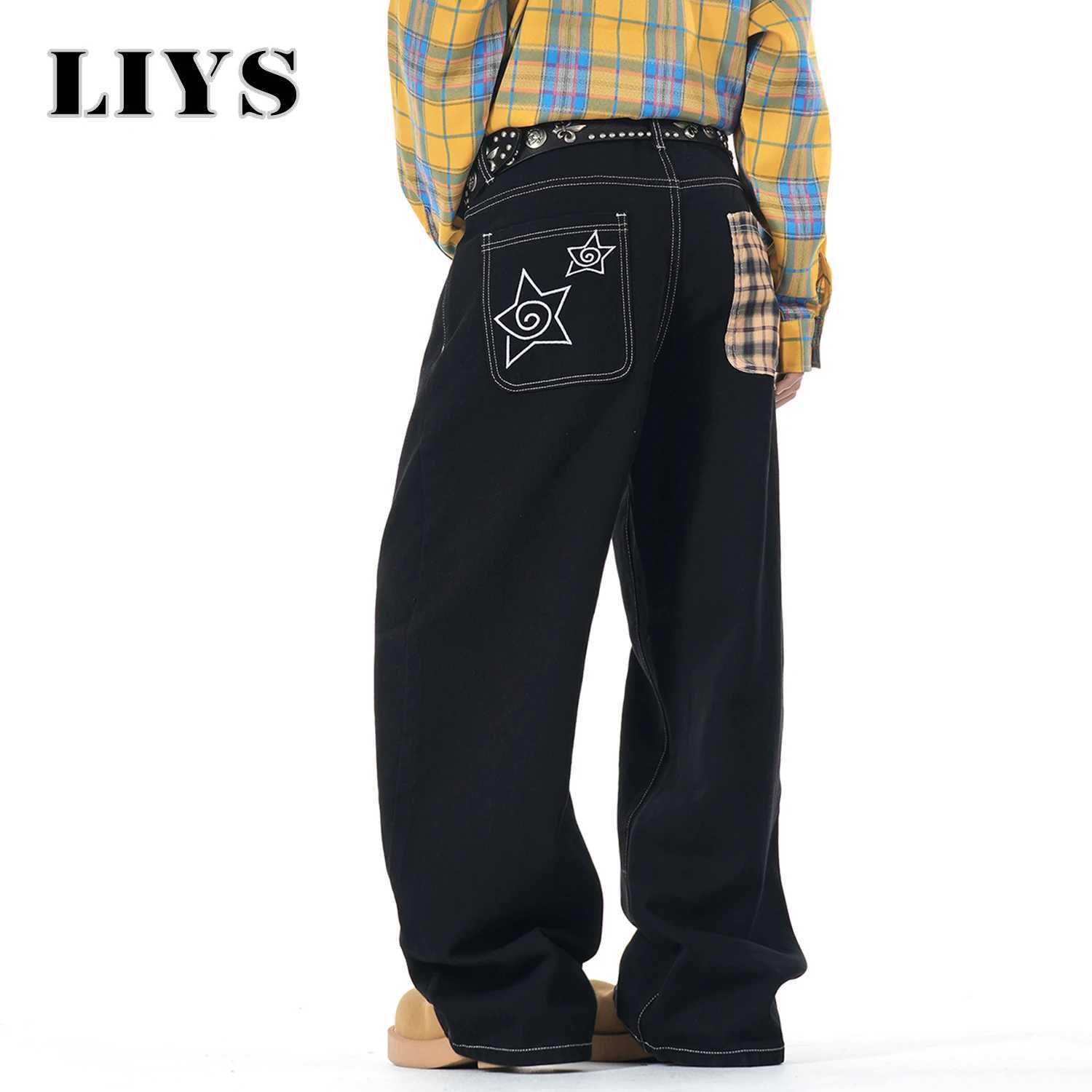 Mens American Retro Street Vibe Design Bagy Wide Leg Jeans Embroidered Checkered Splicing Unisex Bad Boy Charm Denim Pants J251030