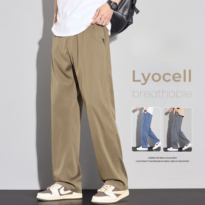 2025 Summer Thin Mens Soft Lyocell Casual Pants Breathable Fashion Solid Color Simple Male Trousers Clothing 251010