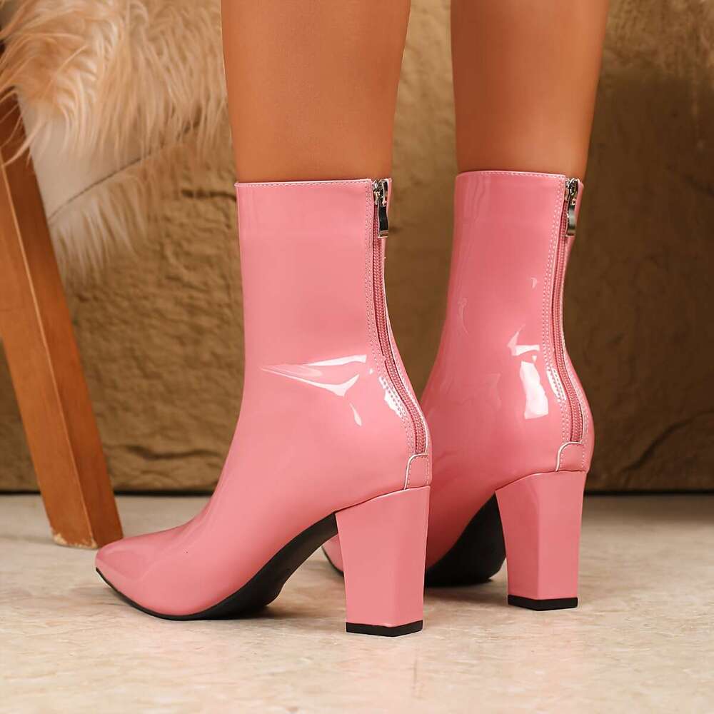 Women's Glossy Pink Pointed-Toe Chunky High-Heel With Zipper Closure Round-To-Pointed Arch, Comfortable Cushioned Insole TPU Sole, Winter-Ready D