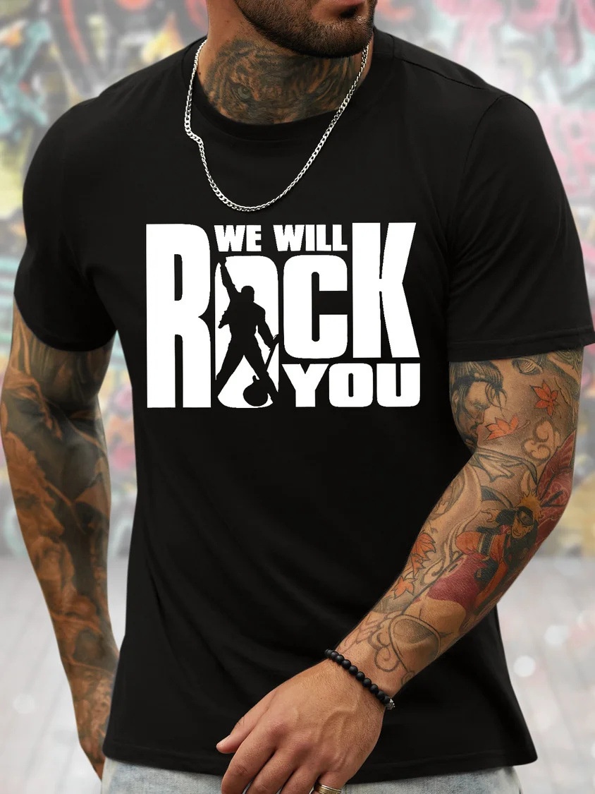 European & American Oversized Men's Rock-Inspired Graphic Print Loose-Fit Casual Cotton Letter T-Shirt - TT7380