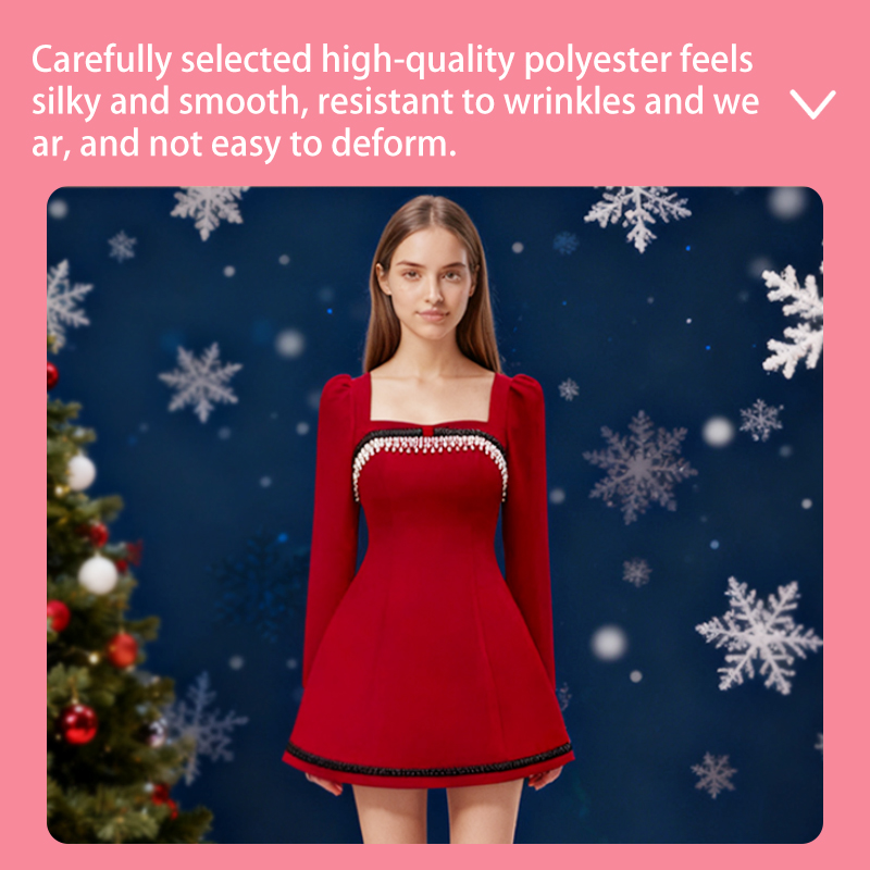 Prom Dresses Women's Red Square Neck Long Sleeve Dress - Beaded Trim A-Line Mini Dress for Party, Cocktail & Evening Occasions YJY0009