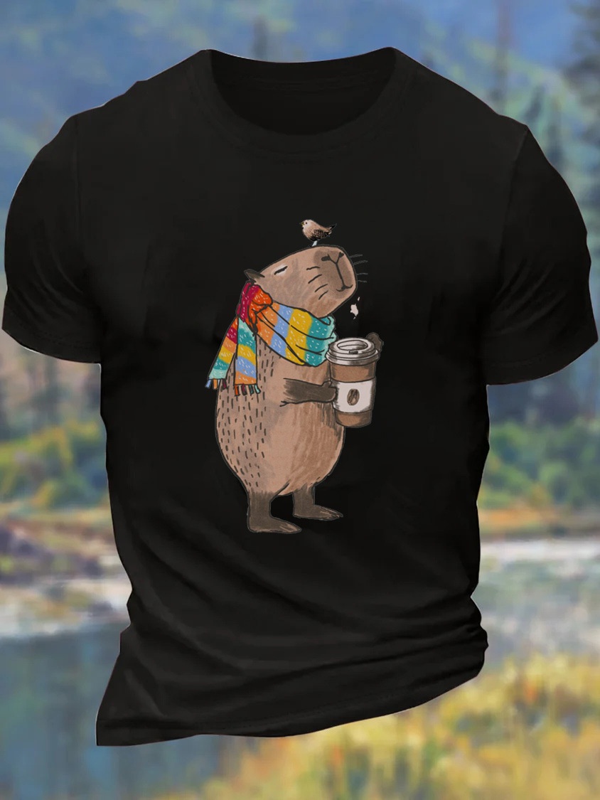 European & American Oversized Men's Fun Animal Print Coffee-Colored Cotton Crew Neck Loose-Fit Casual T-Shirt - TT7528