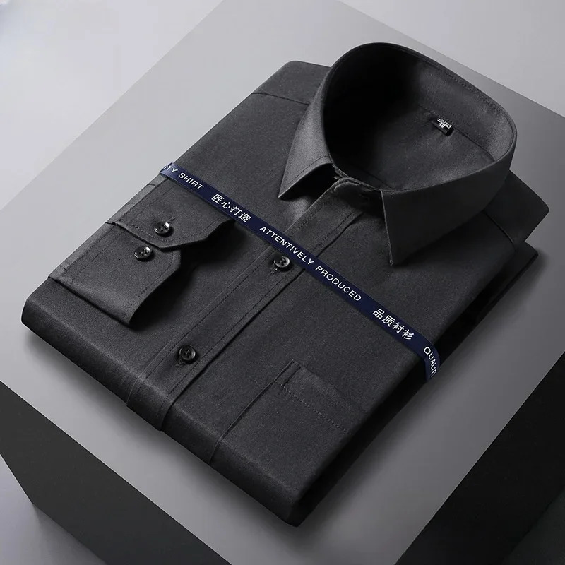 Men Formal Shirt Long Sleeve Office Solid Color AntiWrinkle Fashion Business Pocket White Social OfficeWhite S5XL 251029