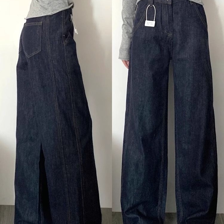 Designer luxury Original Color Wide-Leg Jeans for Women, Autumn and Winter Fleece-Lined High-Waisted Loose Lazy Style Dark Blue Straight-Leg Floor-Len