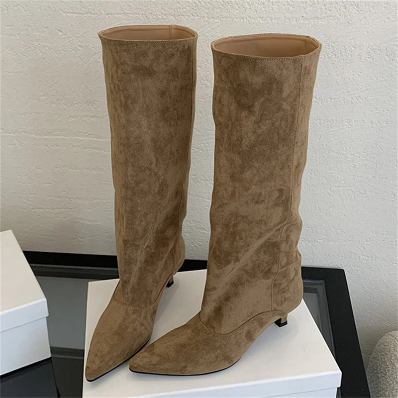 Eilyken Winter Street Style Pointed Toe KneeHigh Boots Women Low Heels Shoes Female Long Booties Zapatos De Mujer 251030
