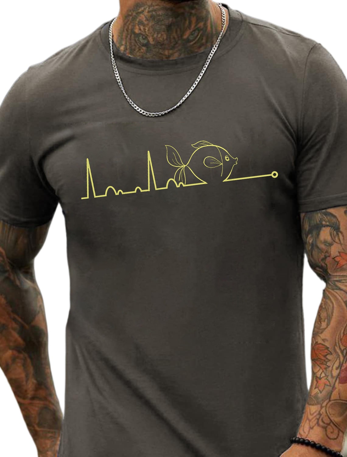 European & American Oversized Heartbeat Line Fish Pattern Fashion Men's Cotton Summer T-Shirt - TT7094