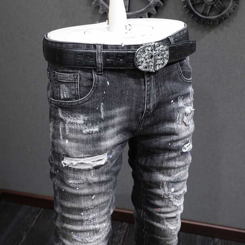 Street Fashion Men Jeans Retro Black Gray Elastic Slim Ripped Jeans Men Vintage Trousers Patched Painted Designer Hip Hop Pants J251030