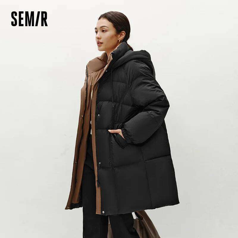 Semir Down Jacket Women Long Length Hooded Black Color Block Winter New Loose Outerwear Fashion Women's Wear