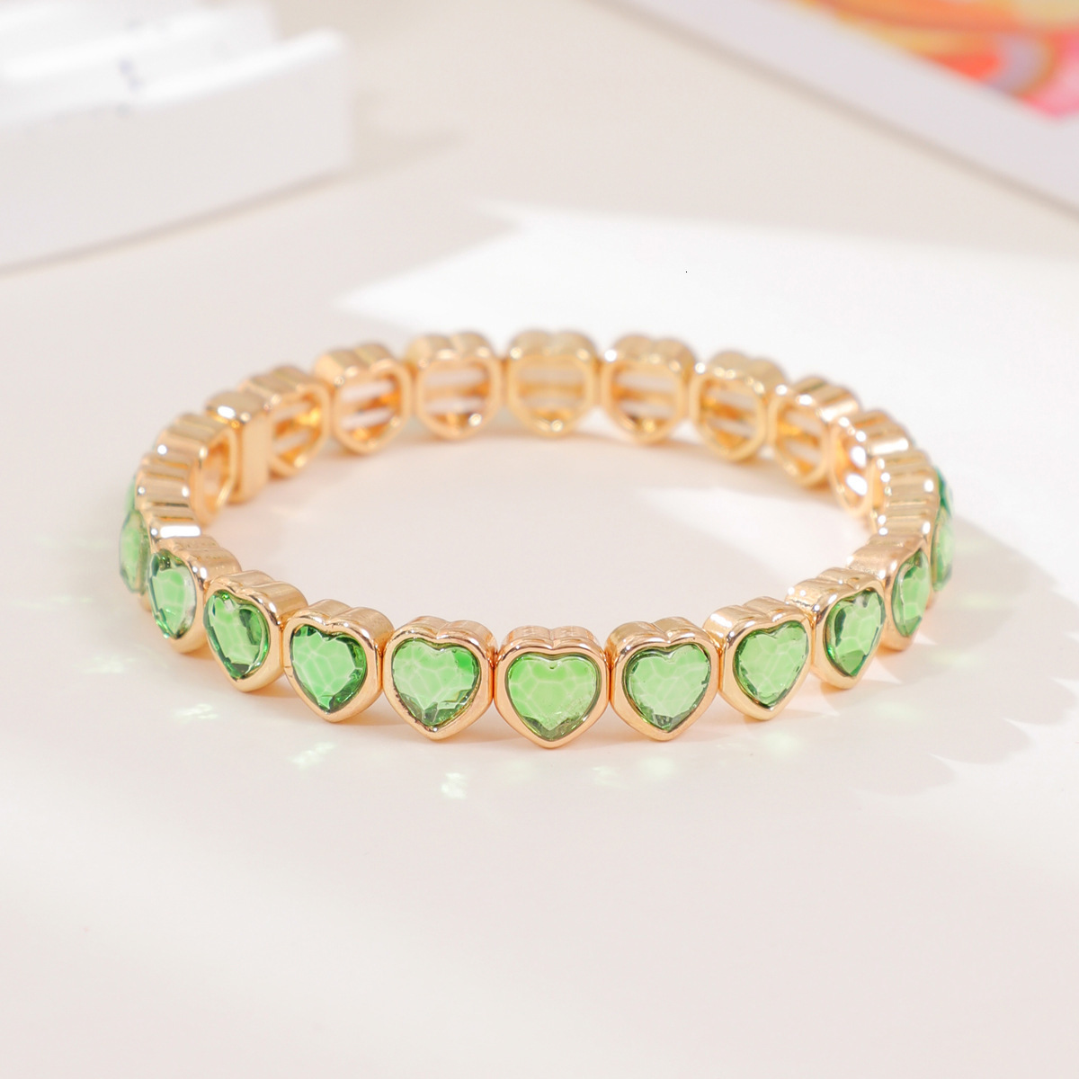 Gold Color Love Bangle For Women Rhinestone Peach Elastic Bangle 250626