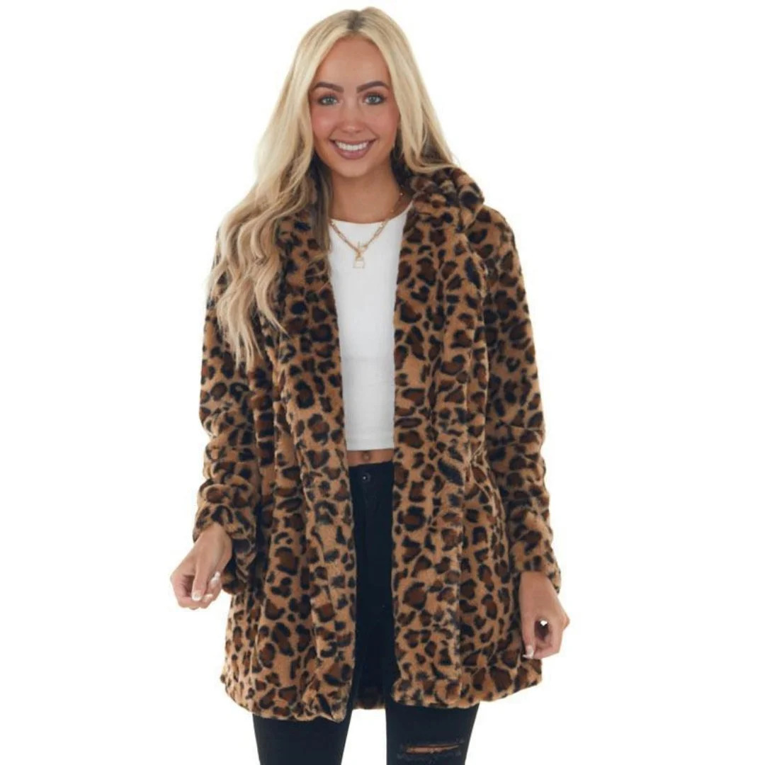 Women Autumn Winter Leopard Print Faux Fur Coat Long Sleeve Turndown Collar Fashion Outerwear Pocket Loose Thicken Overcoat 251028