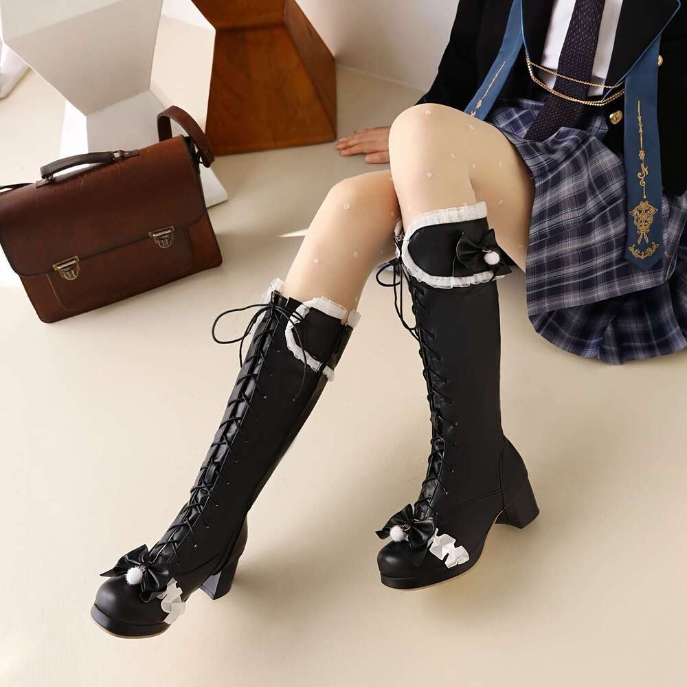 EROCALLI Women's Lace-Up Knee-High Boots With Bow Detail, Chunky Heel Side Zipper - PU Cover Dress Booties For All-Season Comfort, Casual & Wear,