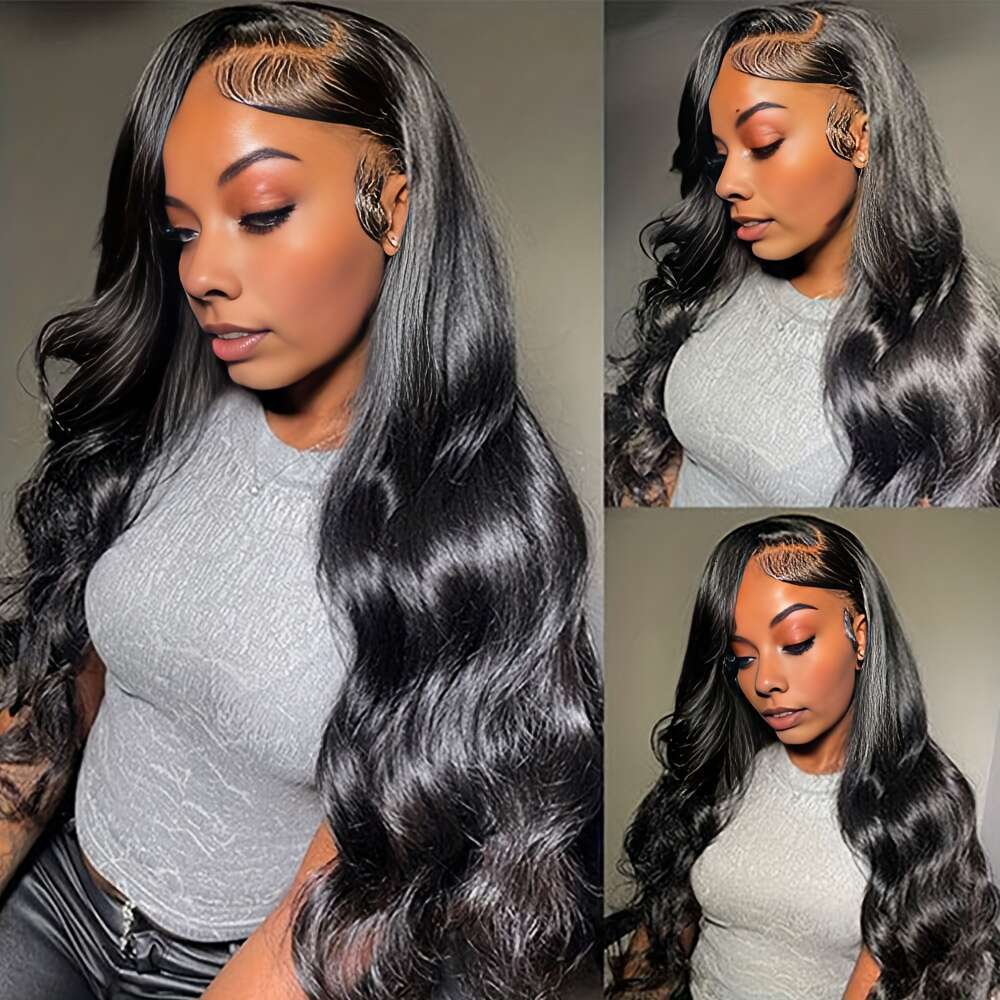 Women's 13X4 Transparent Pure Human Female Remy Brazilian Hair Pre-Drawn Body Wave Gel Free Wear And Go Lace Front Wig 200% Density Natural Black