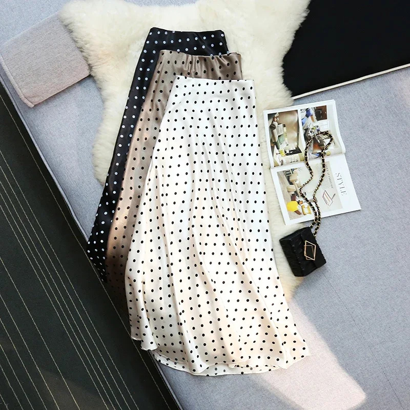 Seoulish Vintage Polka Dot Satin Mermaid Skirts for Women 2025 Spring Summer High Waist Casual Mid Length Womens Skirts 251028