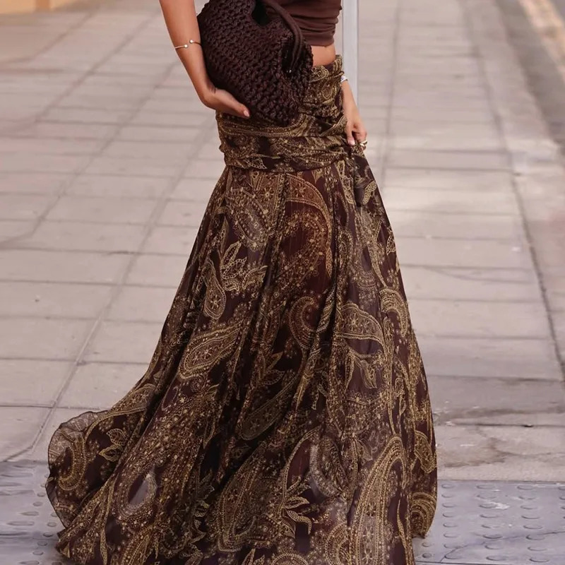 Irregular Printed Big Swing Long Skirts for Women High Waist Buttock Cover ALine Maxi Skirt Female Vintage Bottom Clothes 251028
