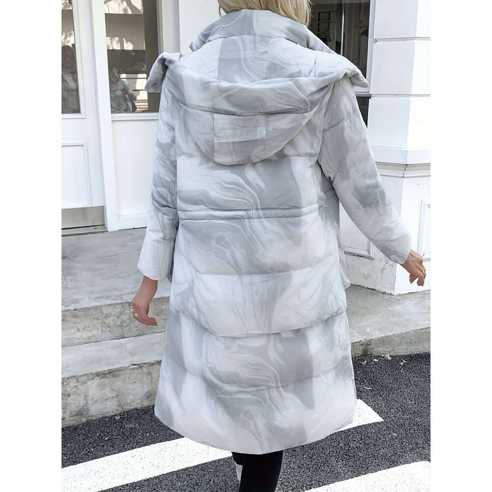 Women S Ink Print Hat Edge Fashionable Long Goose Vulley Jacket Hem Can Be Detached And Used For One Clothes