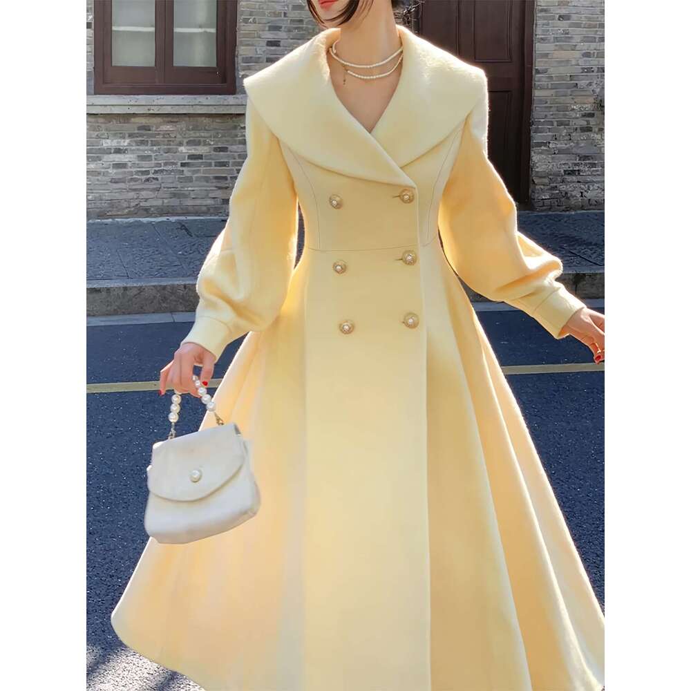 Women S Elegant Mustard Yellow Tweed Double Breasted Coat Long Winter Jacket With Like Buttons Structured Collar A Line Silhouette Hine Washable