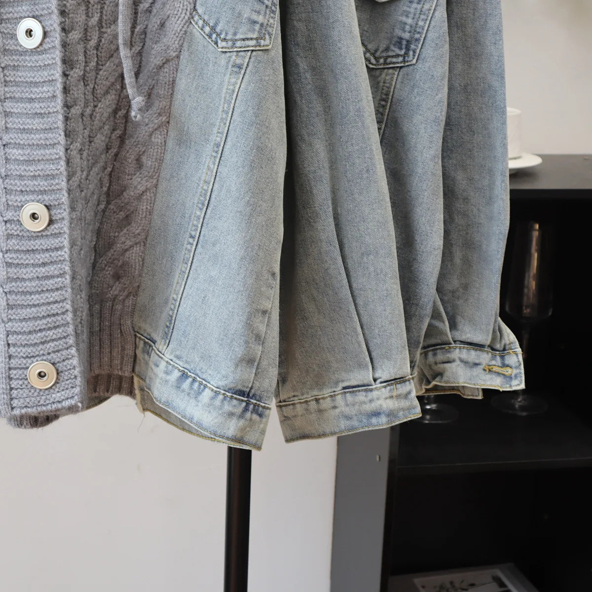 Women Jeans Spliced Sweaters Cardigan Cable Knitted Jumpers Hooded Long Sleeves Single Breasted Loose Y2k Autumn Winter 2025 251029