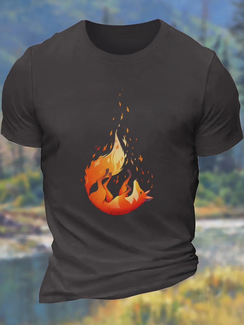 European & American Oversized Men's New Summer Animal Fox Pattern Cotton Casual Letter T-Shirt - TT7526