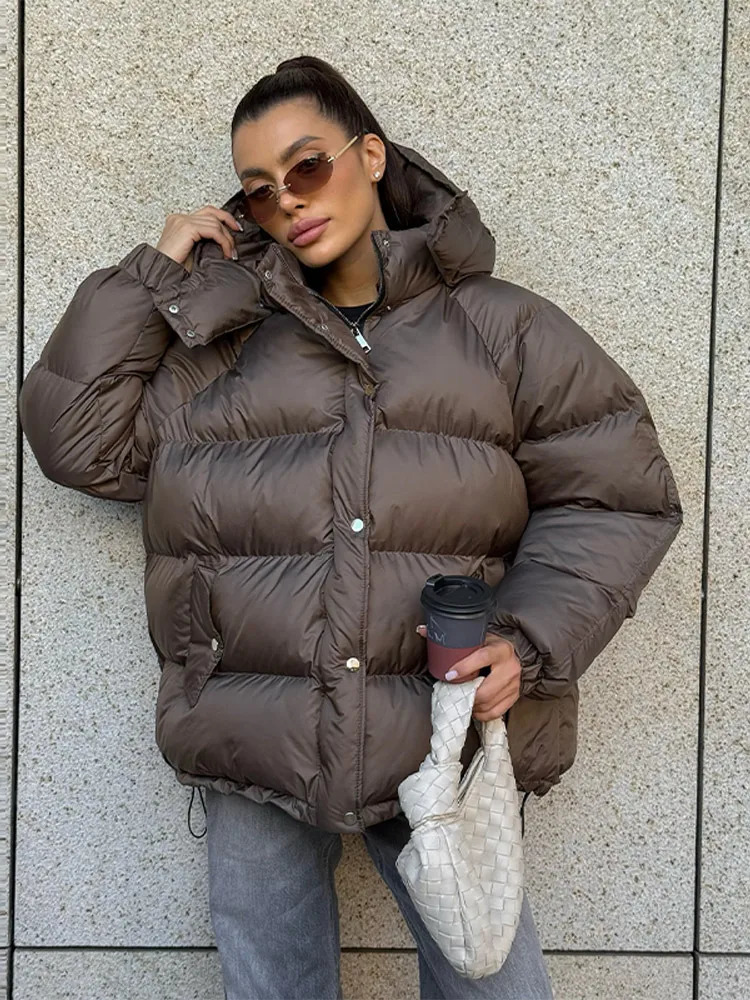 2025 Winter Women Zipper Hooded Quilted Jacket Casual Long Sleeve Pockets Oversize Warm Coats Fashion Lady Outerwear Street 251030
