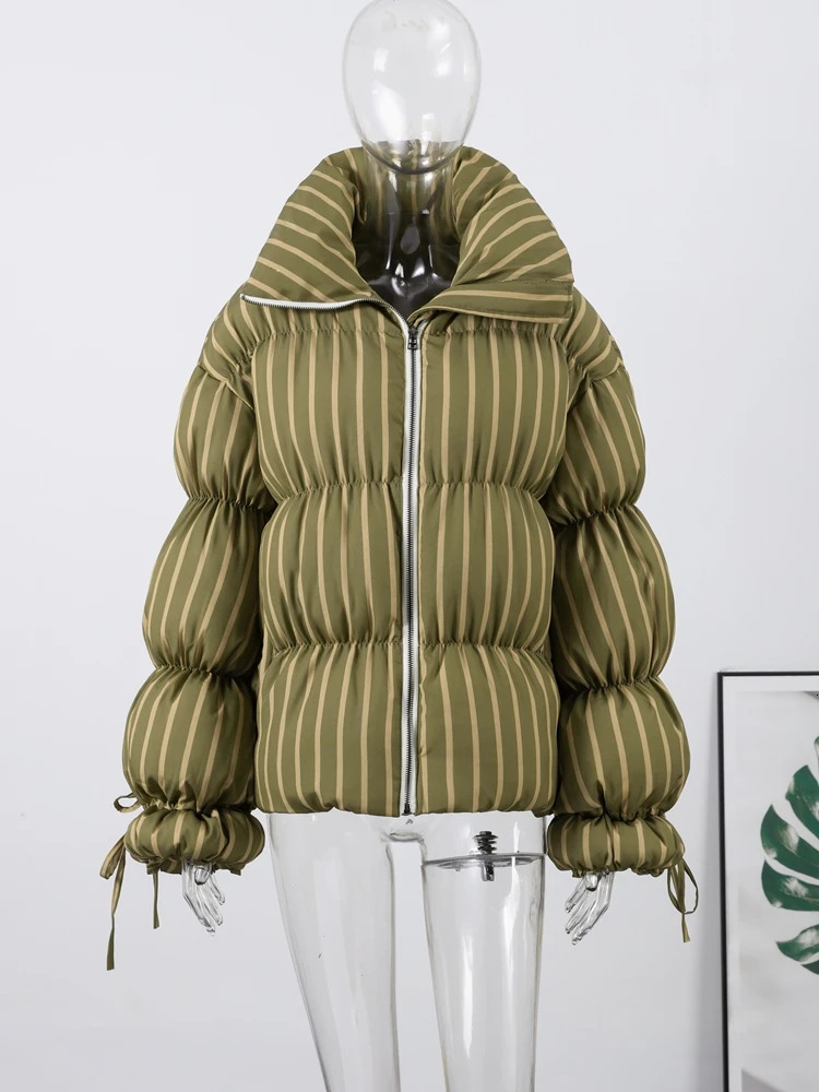 Casual Stripe Thicken Cotton Jackets Womens Loose Stand Collar Zipper Coats With Pockets 2025 Autumn Winter Ladies Outwear 251030