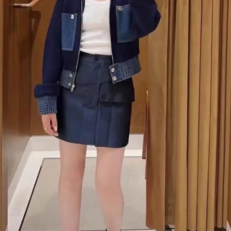 Women Denim Splice Knit Zipper Cardigan Pocket Patch Turndown Collar Long Sleeve Female Short Sweater Coat 2025 Spring 251029