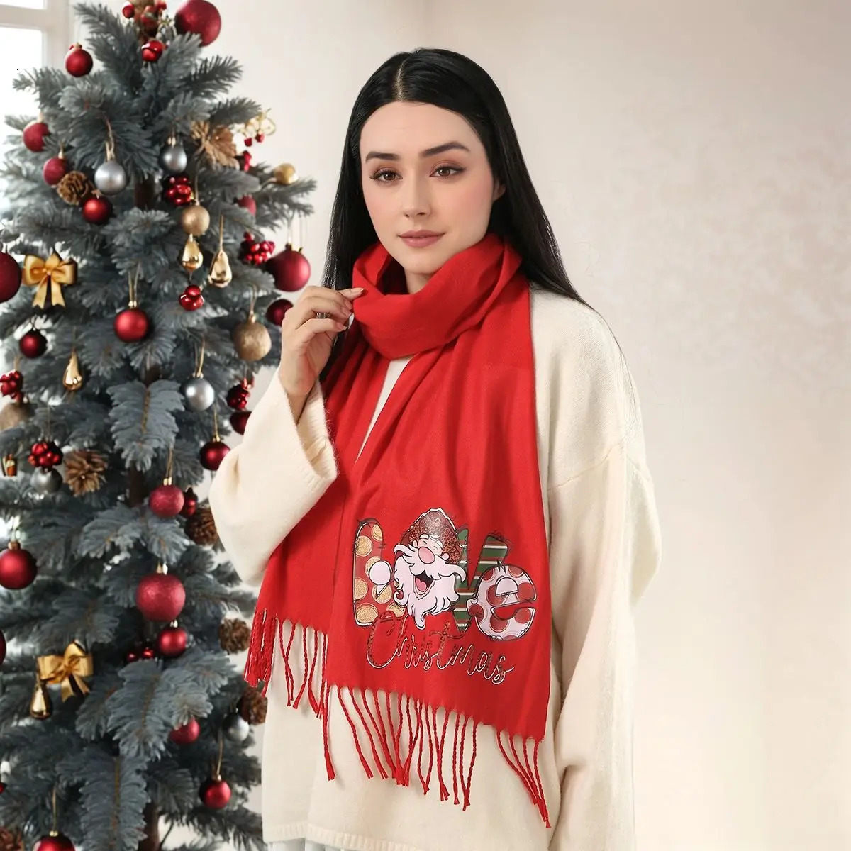 Christmas Red Printed Cashmere Scarf Pashmina Tassel Scarves Neck Protection Deer Elk Printed Wrap Gift Long Shawl 18330cm 251023