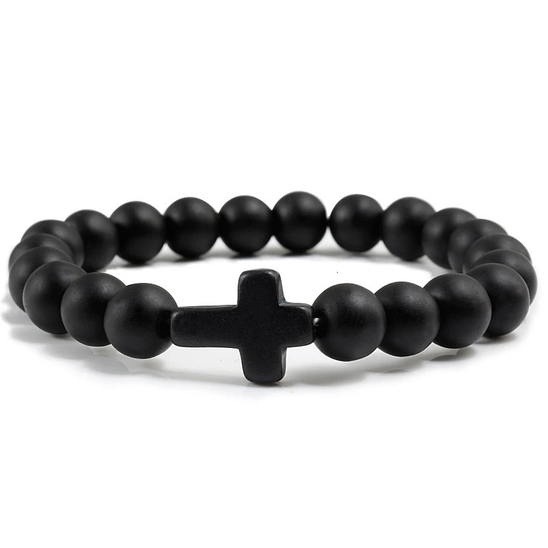 Fashion Jesus Cross Natural Stone Bracelets Charm Blue Pine Stone Black Lava Matte Beaded Bracelets Bangles Women Yoga Jewelry 251028