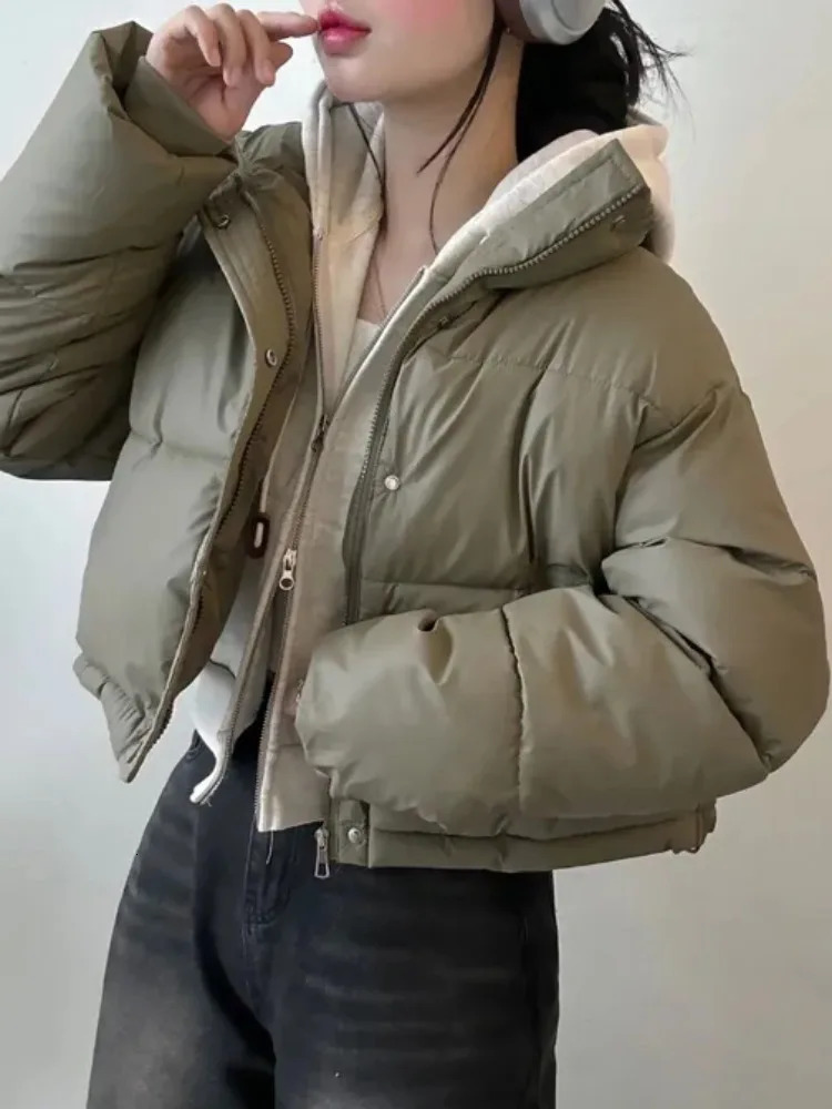 Chic Winter ort PU Protein Leather Zipper Stand Collar Womens Bread Sle Coat Pure Color Korean Version Loose Fit Cotton 251030